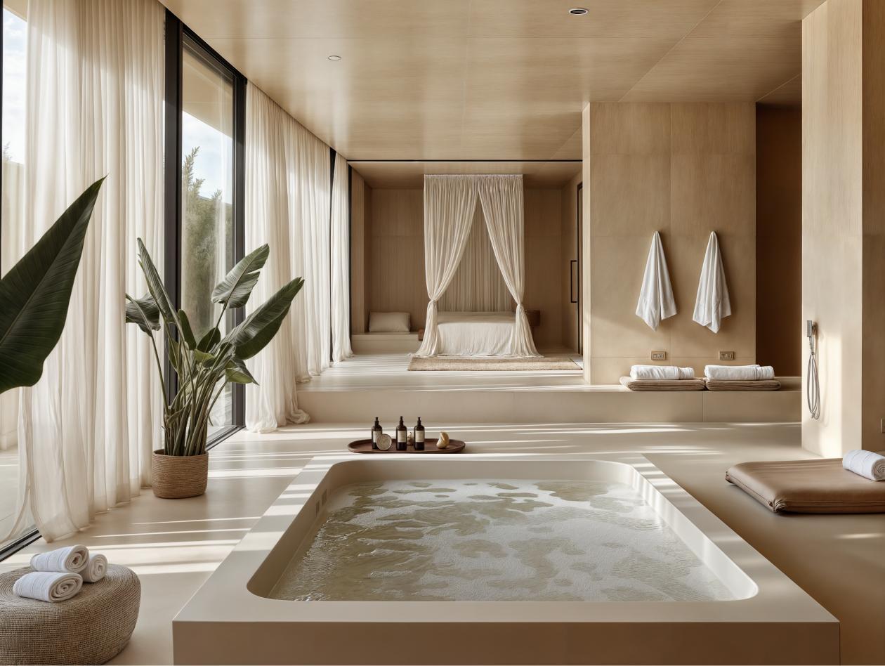 Serene spa suite — warm stone walls, curtained treatment alcove and soaking bath in soft natural light