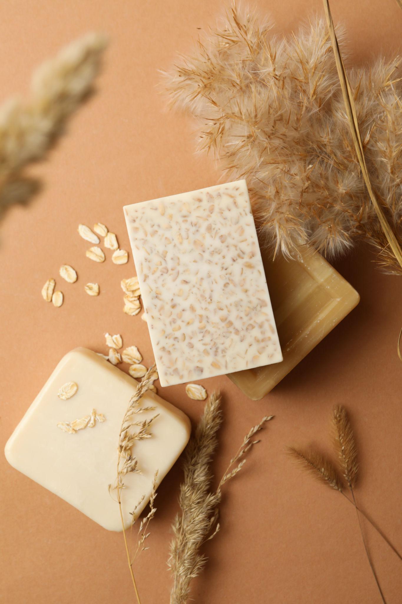 Oat and botanical soap bars on warm terracotta beside dried pampas grass